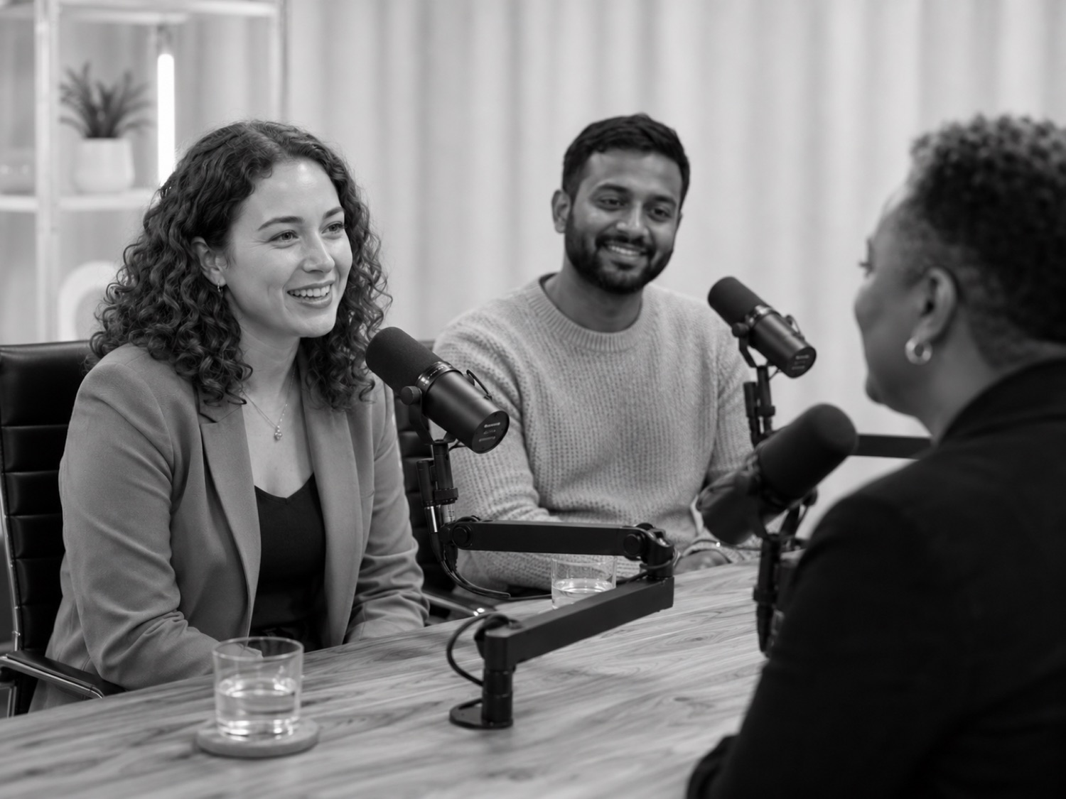 Panel of guests in conversation on mic in the GB Studio recording room